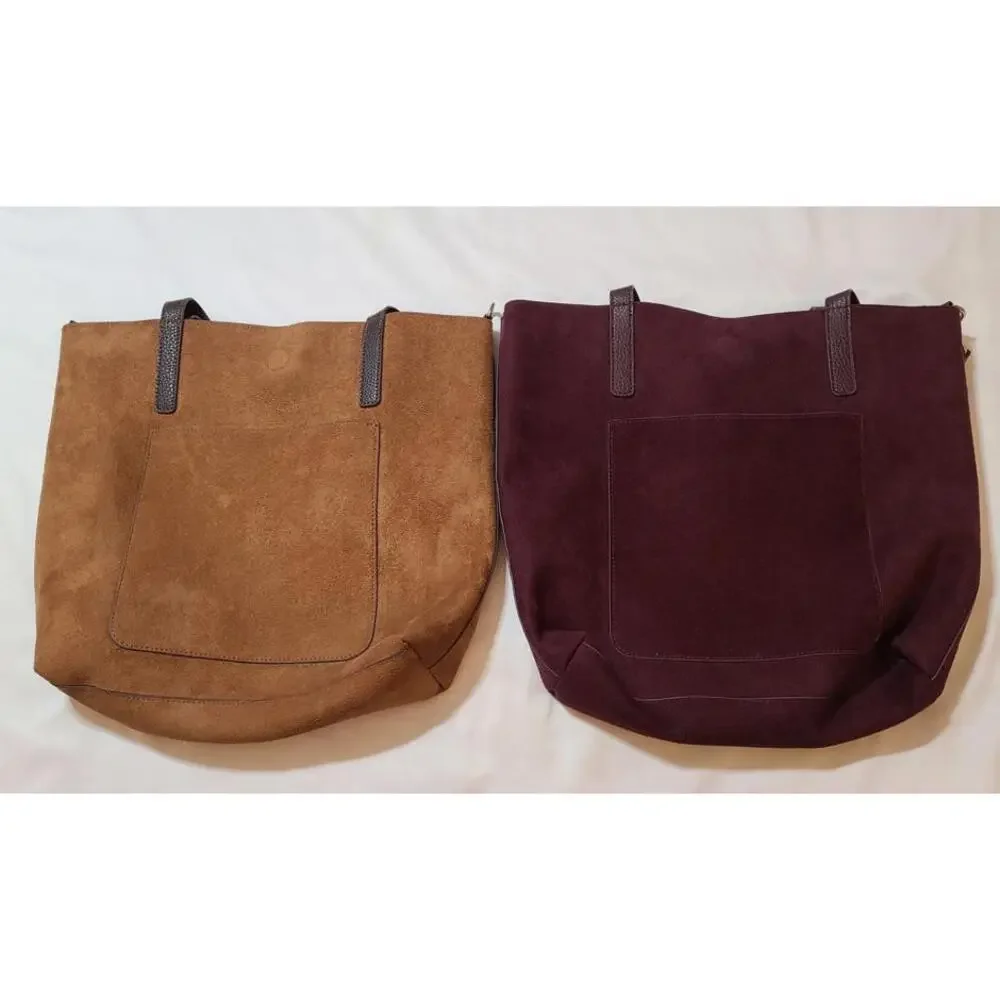 2pk Vegan Suede Tote Sz Medium Equestrian Collegiate Preppy Purple Brown 15x14 - Picture 1 of 13